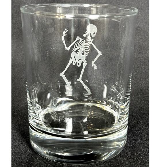 Skeleton Eched Double Old-Fashioned Glass Halloween Excellent Condition - Picture 3 of 6
